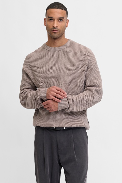 Jack & Jones, Пуловер с овално деколте и паднали ръкави, Сиво-бежов