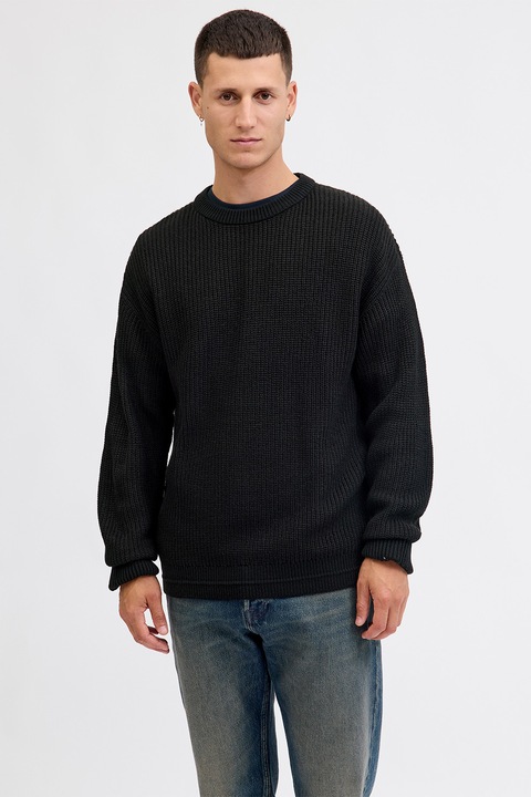 Jack & Jones, Пуловер с овално деколте и паднали ръкави, Черен