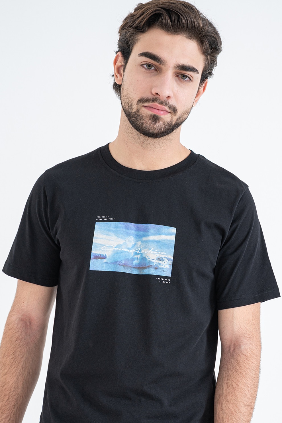 Jack & Jones, Tricou din bumbac cu imprimeu, Negru, Albastru glaciar, L