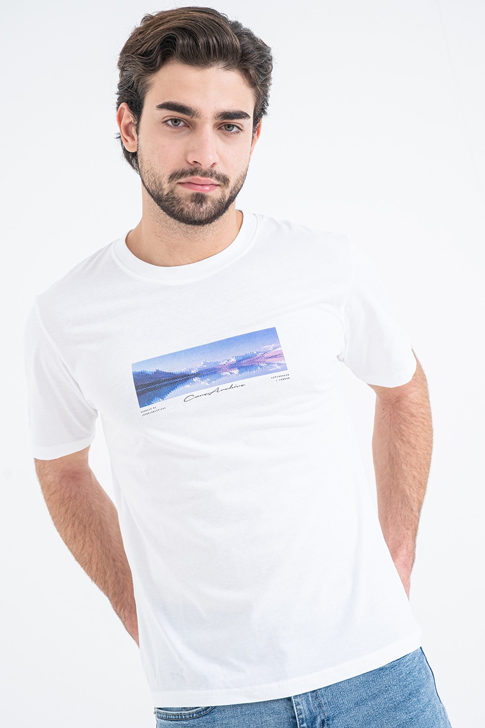 Jack & Jones, Tricou din bumbac cu imprimeu, Alb, Albastru lavanda, M