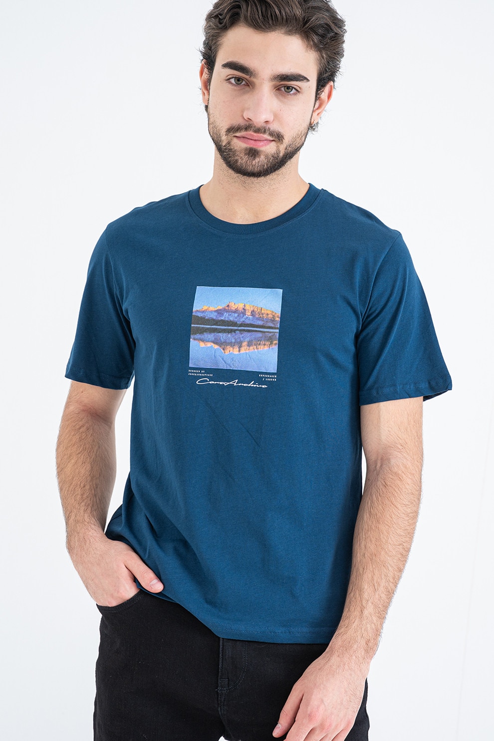 Jack & Jones, Tricou din bumbac cu imprimeu, Albastru inchis, Indigo, L