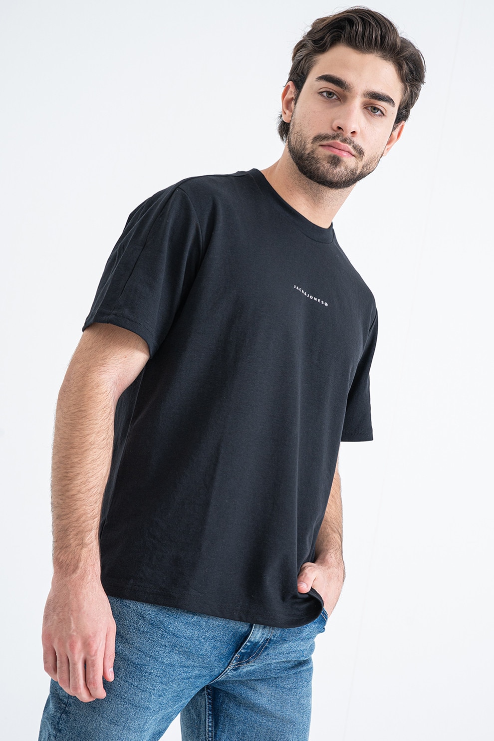 Jack & Jones, Tricou din amestec de bumbac cu imprimeu pe partea din spate, Negru, Gri, M
