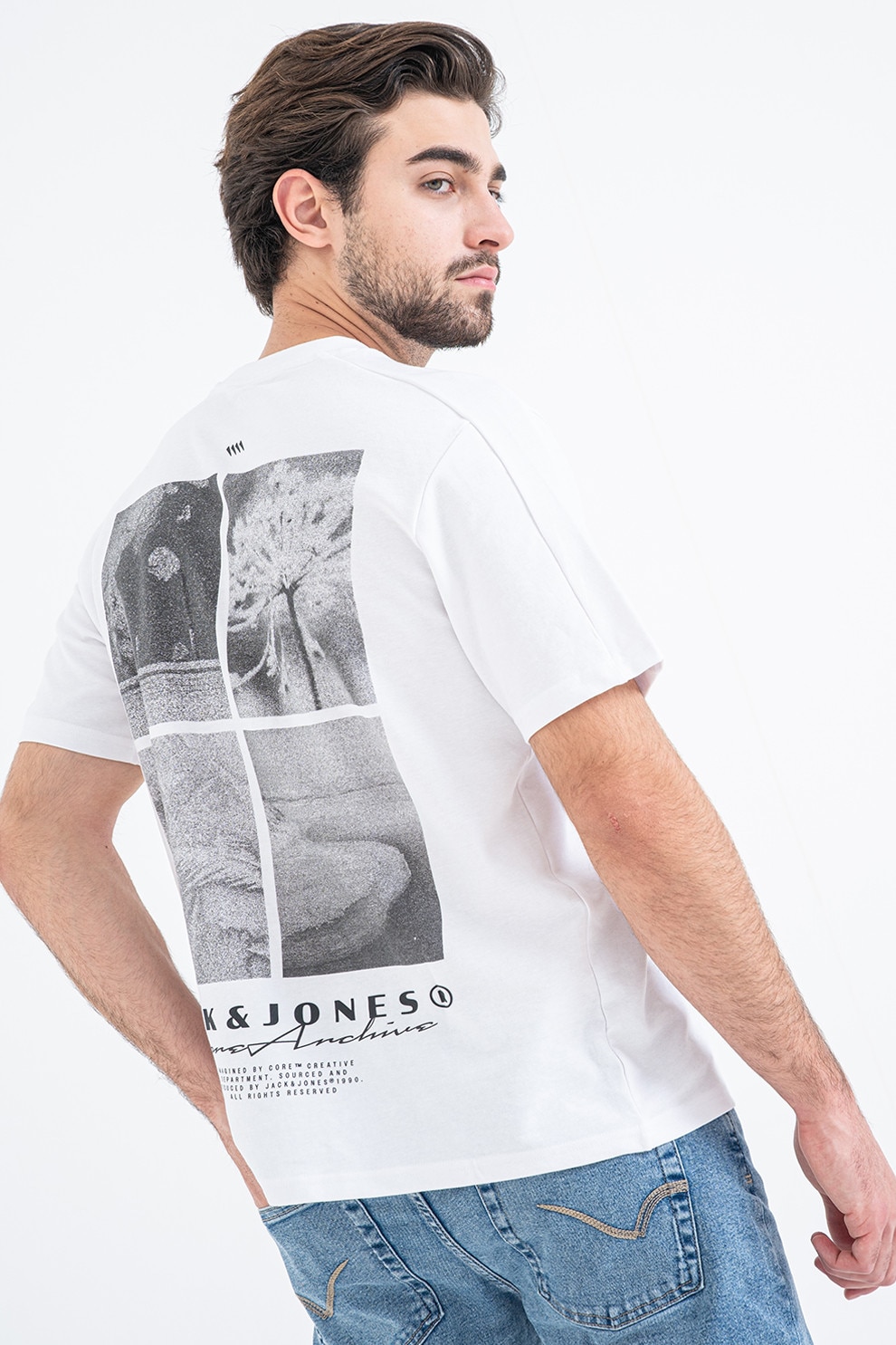 Jack & Jones, Tricou din amestec de bumbac cu imprimeu pe partea din spate, Gri, Alb optic, XL