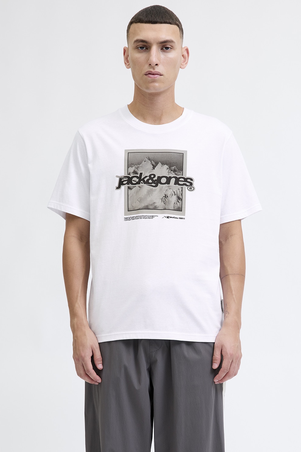 Jack & Jones, Tricou de bumbac organic cu logo, Alb, Gri, L