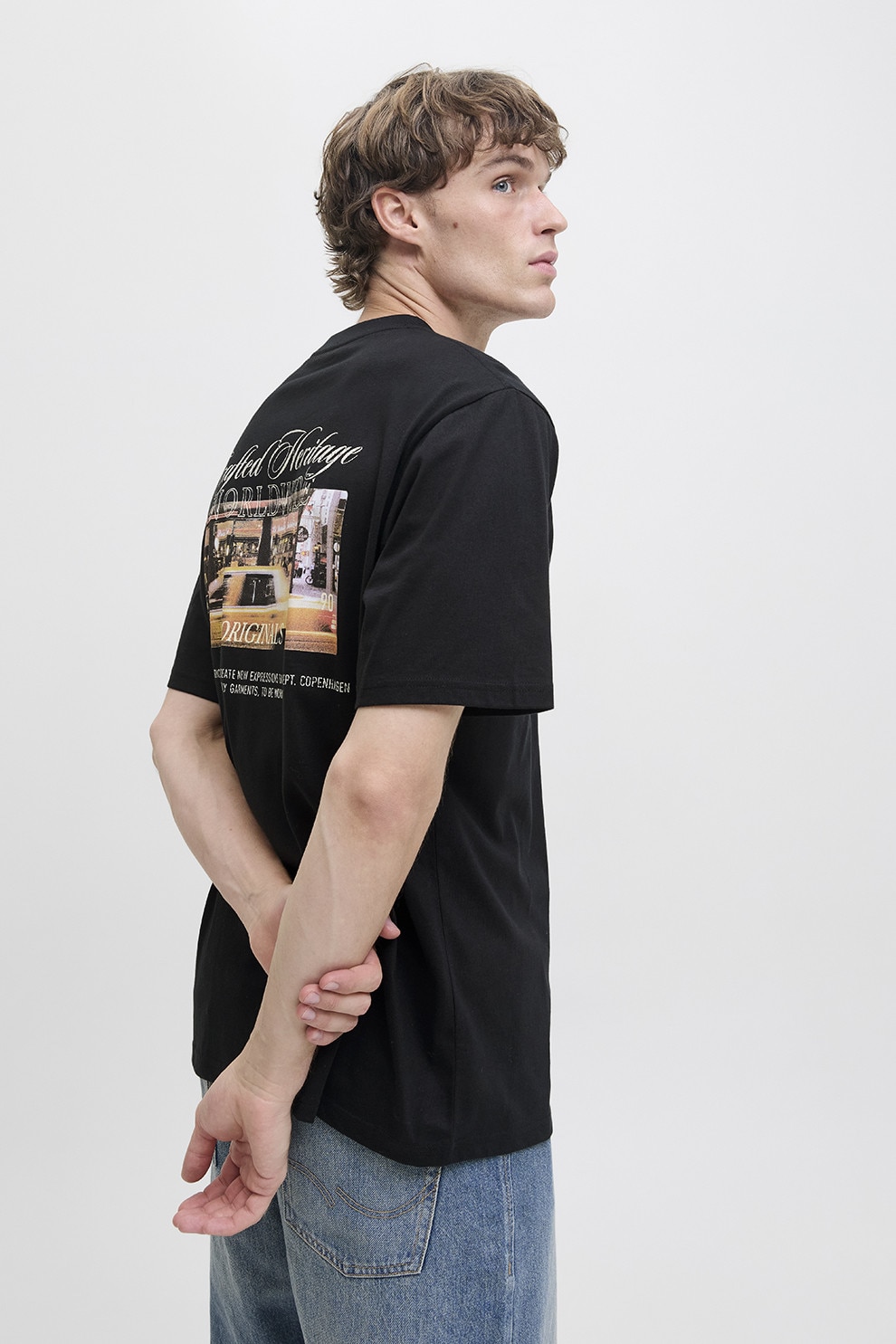 Jack & Jones, Tricou de bumbac organic cu imprimeu pe partea din spate, Negru, M