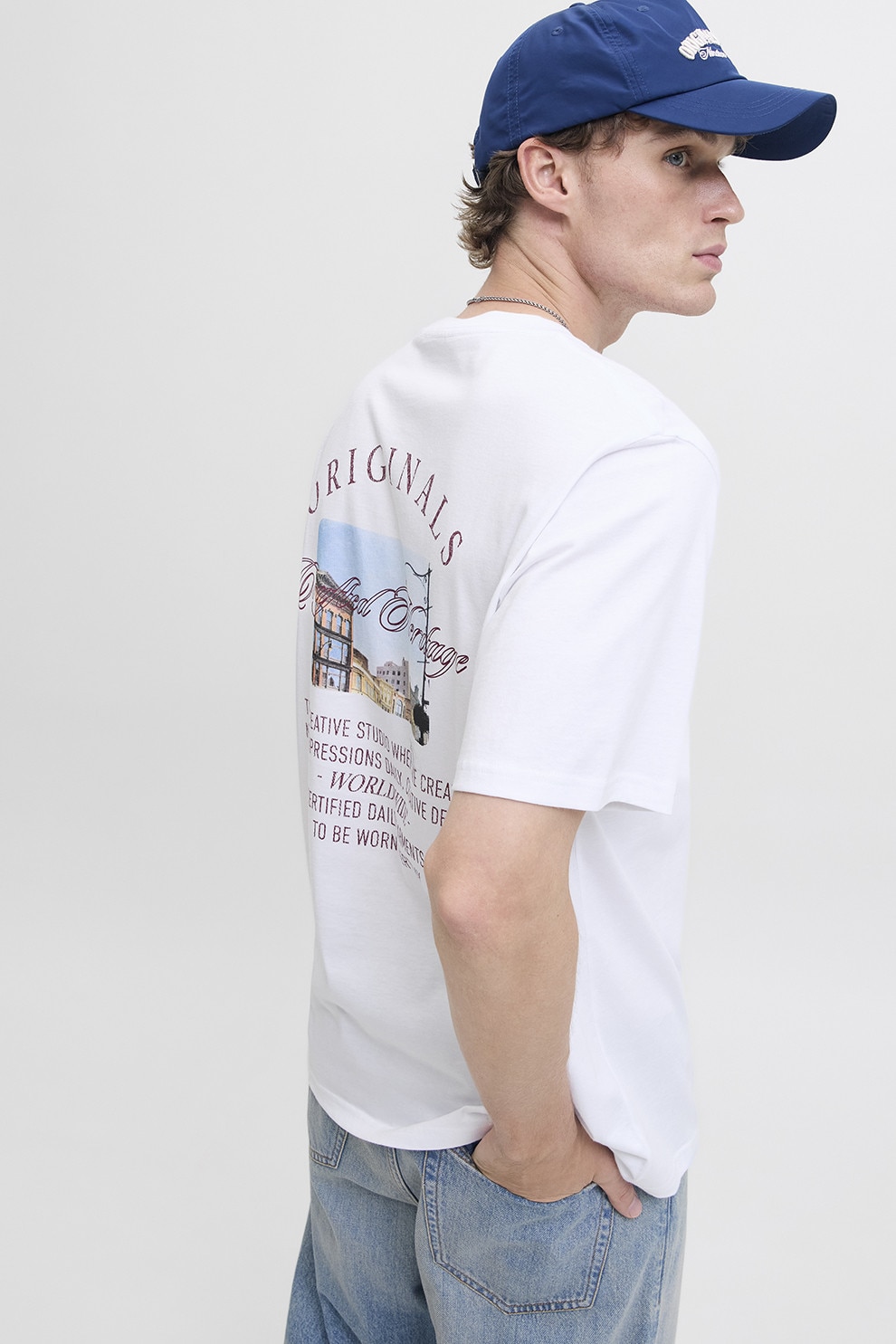 Jack & Jones, Tricou de bumbac organic cu imprimeu pe partea din spate, Alb, 2XL