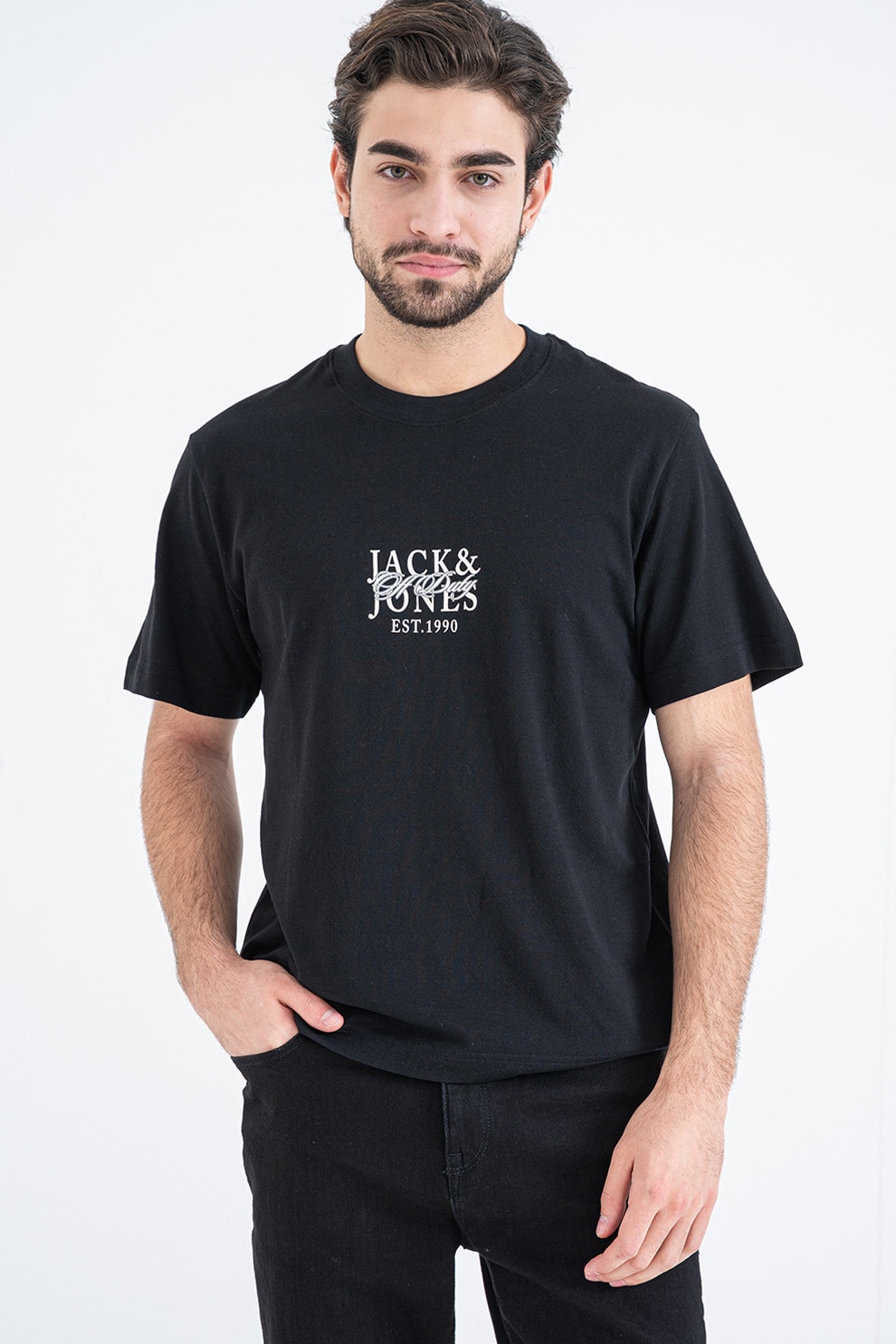 Jack & Jones, Tricou din bumbac cu imprimeu etnic, Negru, Maro, Albastru deschis, XL