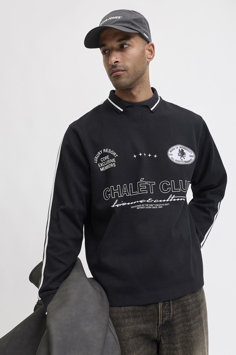 Jack & Jones, Bluza de trening polo din amestec de bumbac cu imprimeu text, Negru