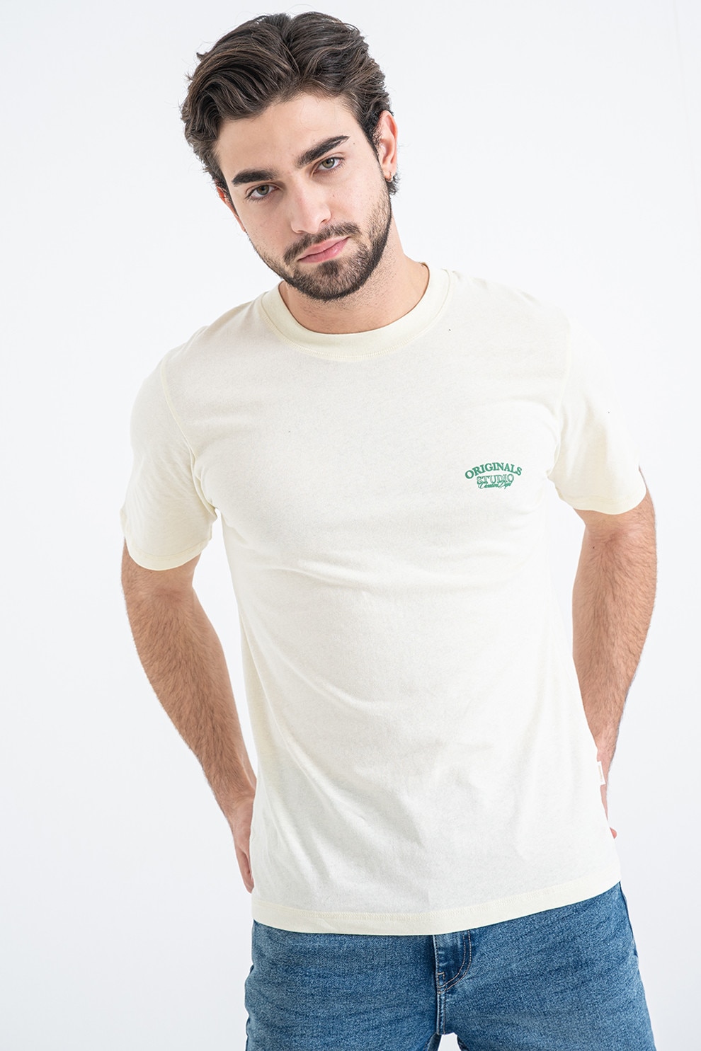 Jack & Jones, Tricou din bumbac cu imprimeu, Crem, XL