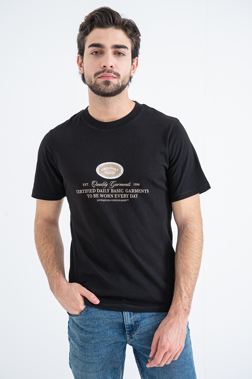 Jack & Jones, Tricou din bumbac cu imprimeu, Negru, Maro deschis, XL