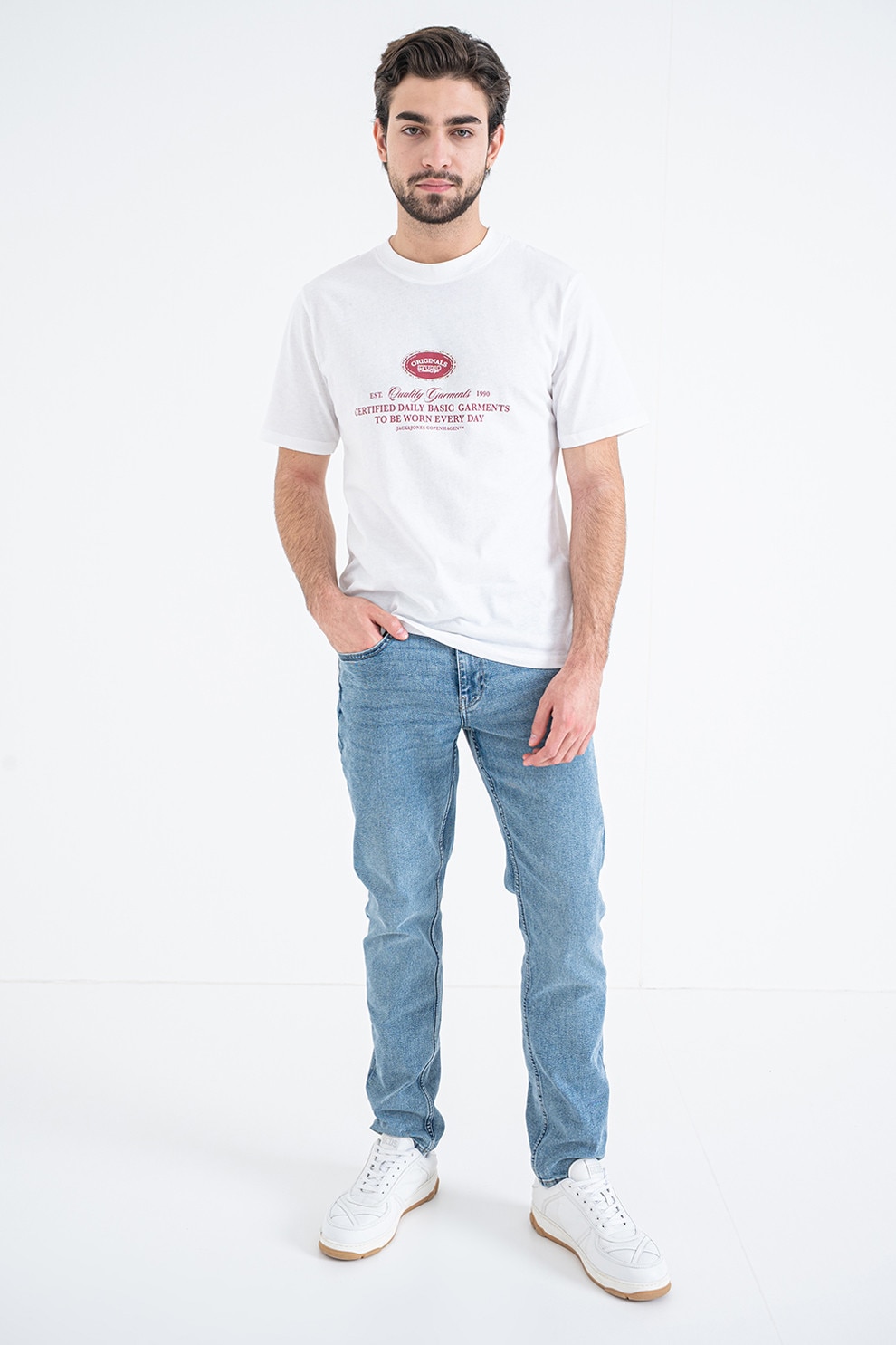 Jack & Jones, Tricou din bumbac cu imprimeu, Visiniu, Alb optic, L