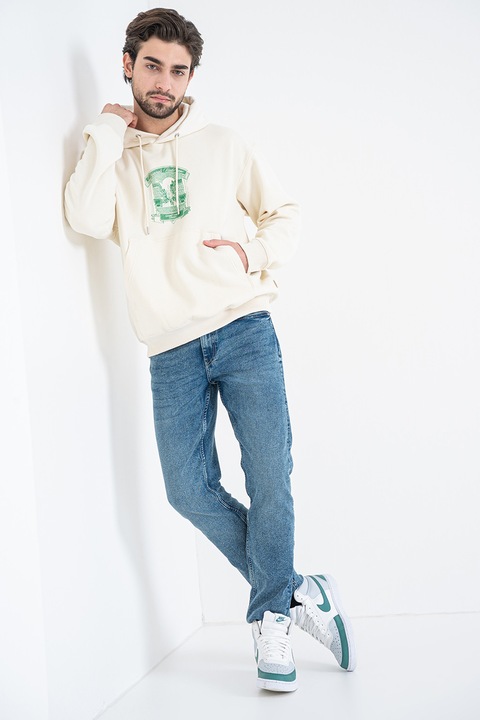 Jack & Jones, Hanorac cu buzunar kangaroo si imprimeu Grand, Verde/Crem