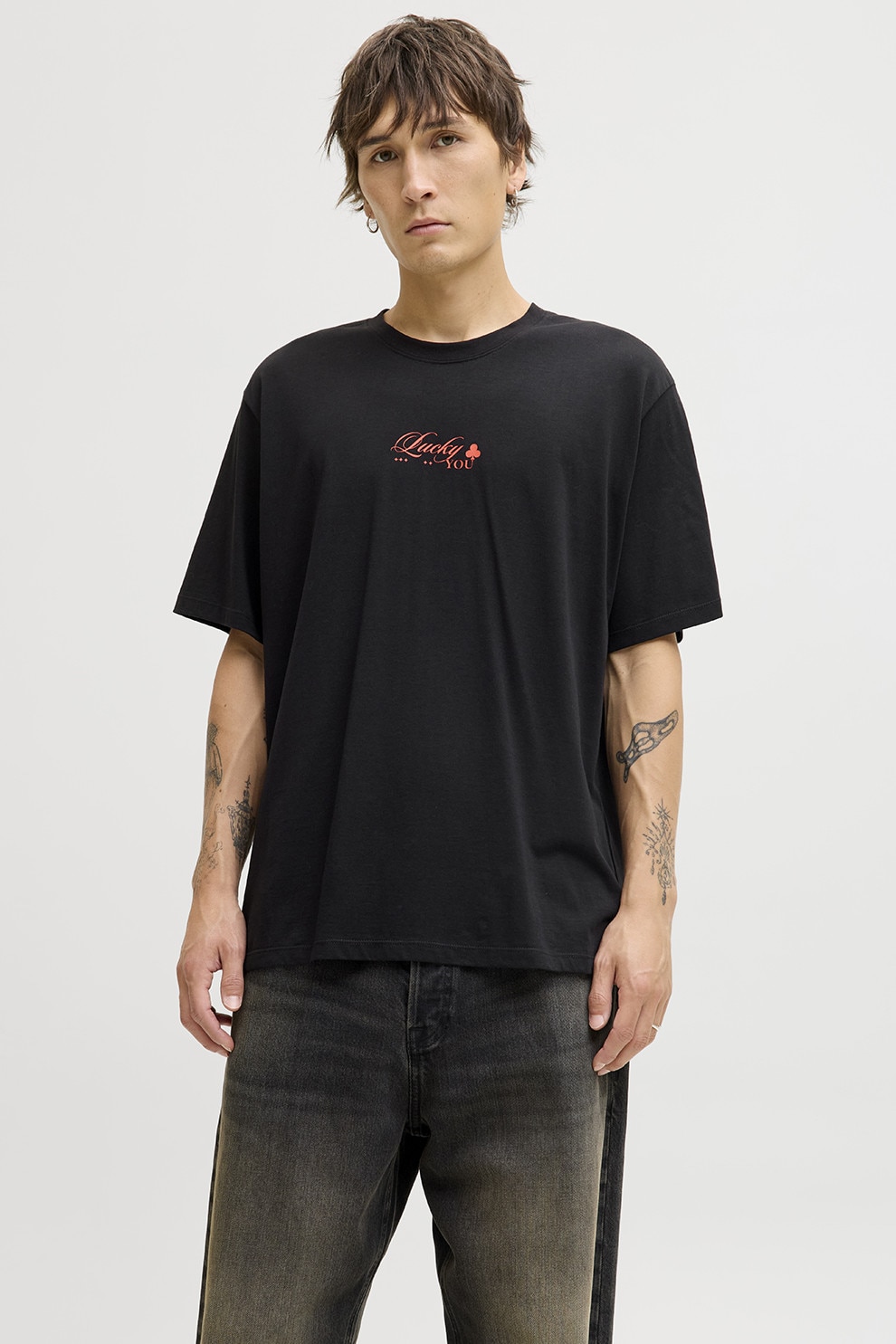 Jack & Jones, Tricou din bumbac organic cu imprimeu grafic, Rosu, Negru, L