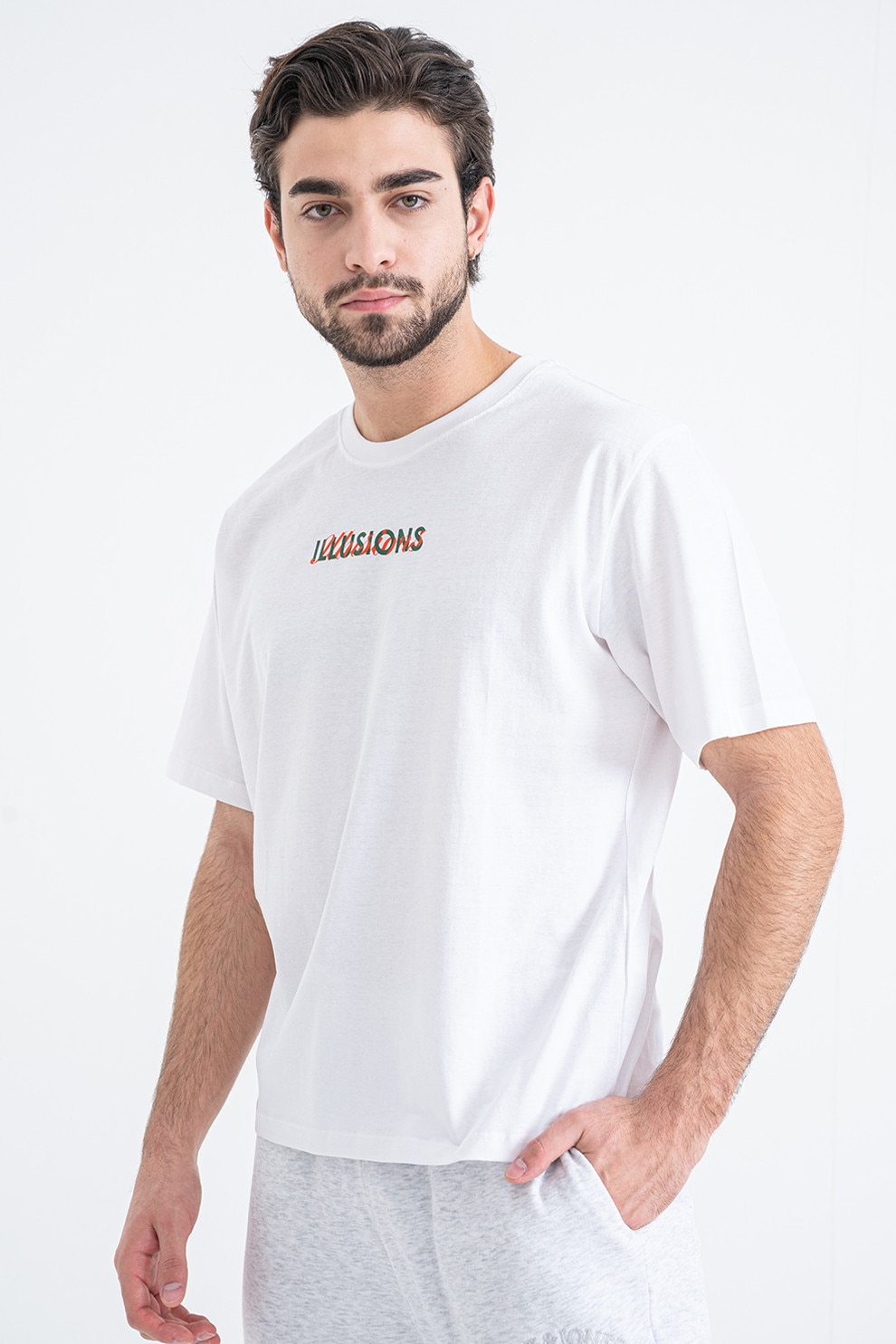 Jack & Jones, Tricou din bumbac organic cu imprimeu grafic, Verde inchis, Alb optic, M