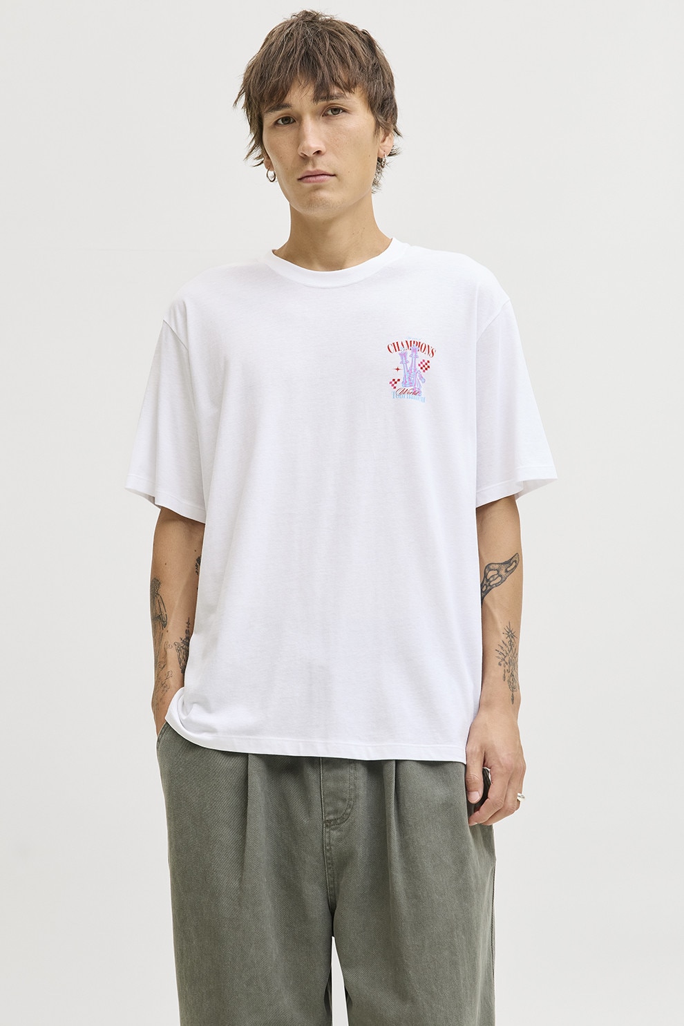 Jack & Jones, Tricou din bumbac organic cu imprimeu grafic, Rosu, Alb, XL