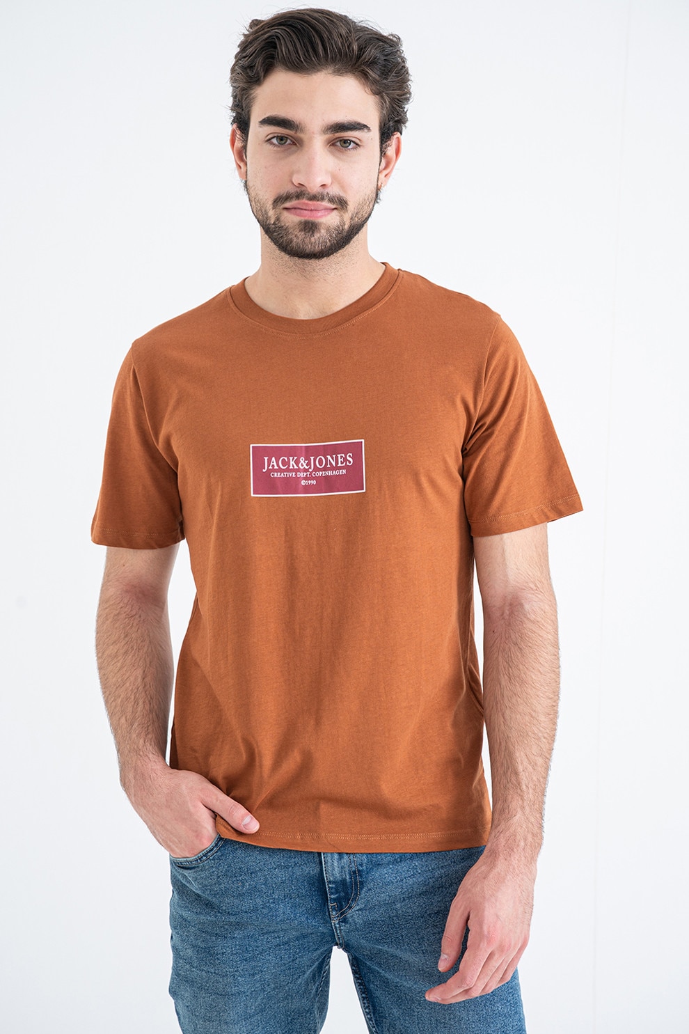 Jack & Jones, Tricou din bumbac cu detaliu logo pe piept, Maro, Violet pruna, L