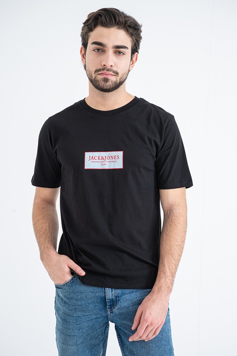 Jack & Jones, Tricou din bumbac cu detaliu logo pe piept, Negru/Coral