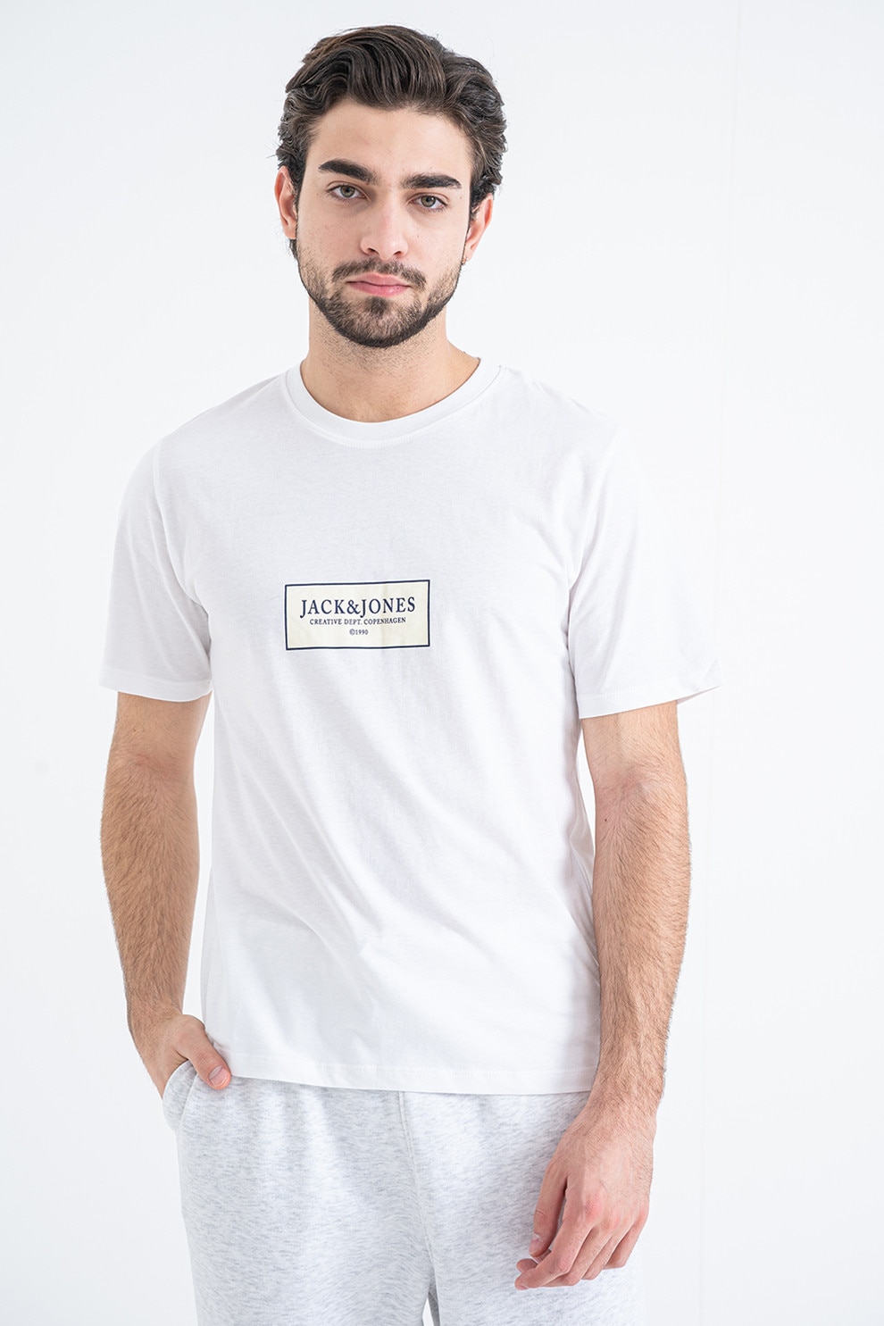 Jack & Jones, Tricou din bumbac cu detaliu logo pe piept, Alb optic, Crem, M