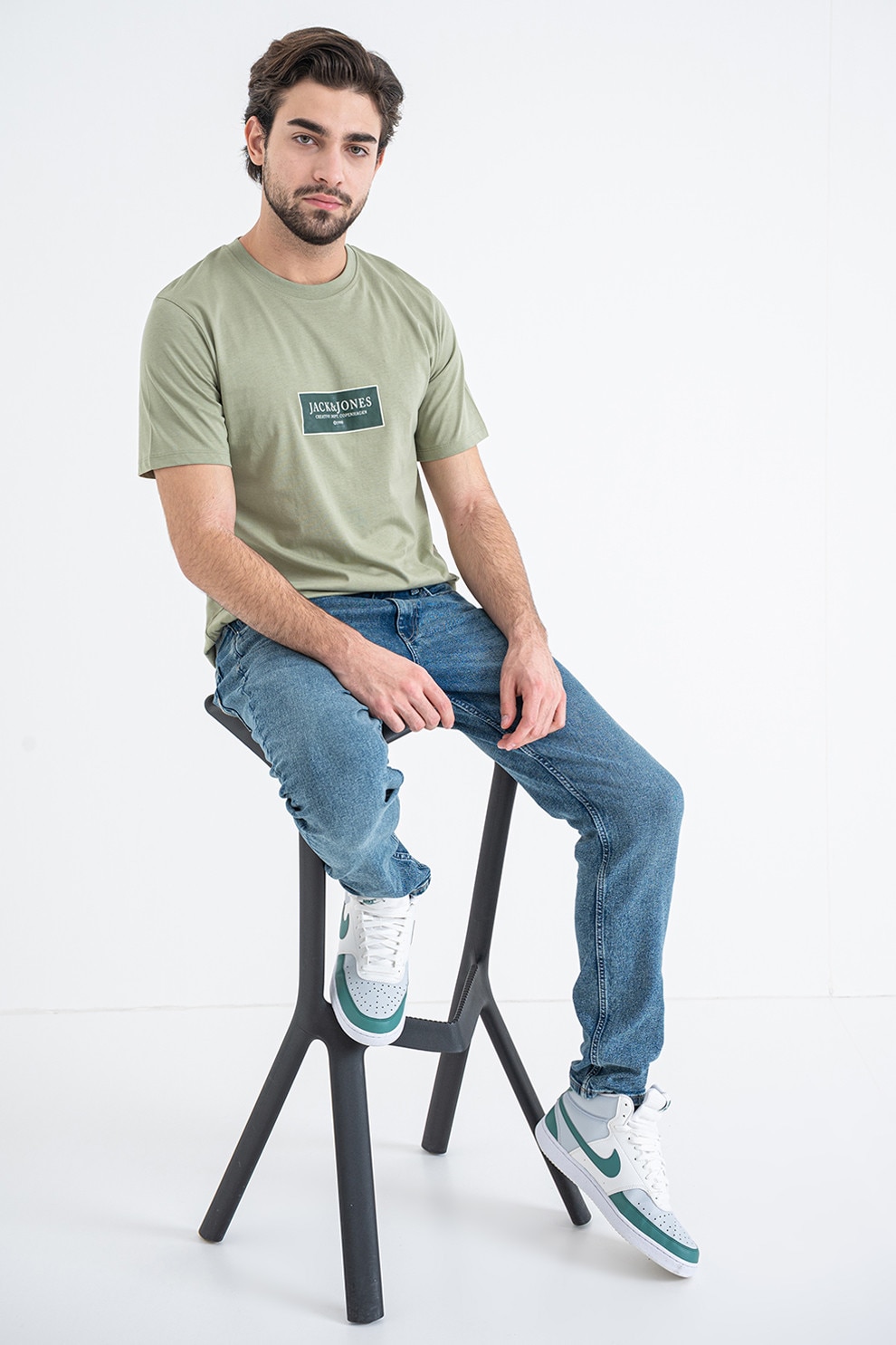 Jack & Jones, Tricou din bumbac cu detaliu logo pe piept, Verde englez, Verde sparanghel, XL