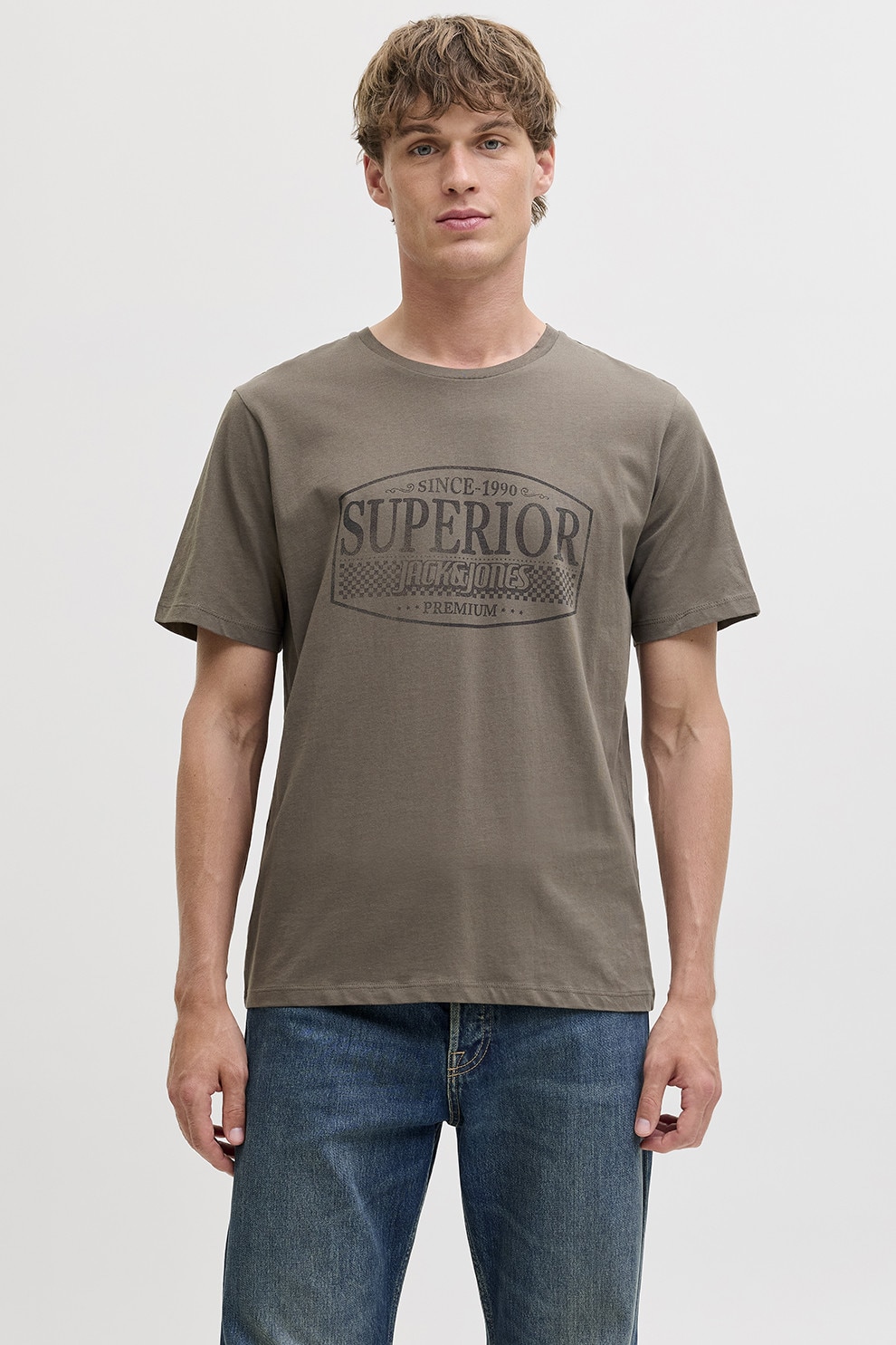 Jack & Jones, Tricou de bumbac cu imprimeu si decolteu la baza gatului, Maro taupe, L