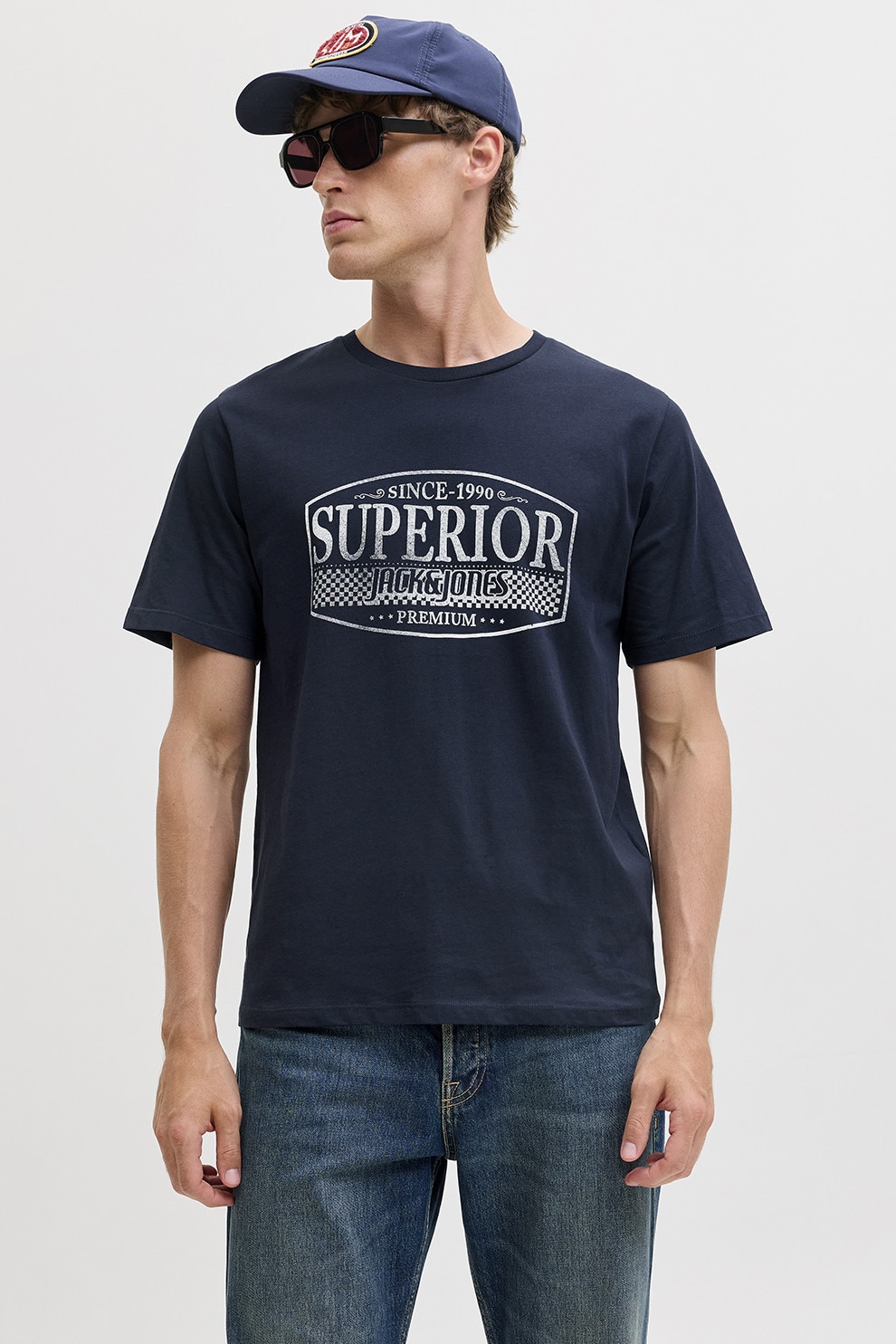 Jack & Jones, Tricou de bumbac cu imprimeu si decolteu la baza gatului, Bleumarin, S