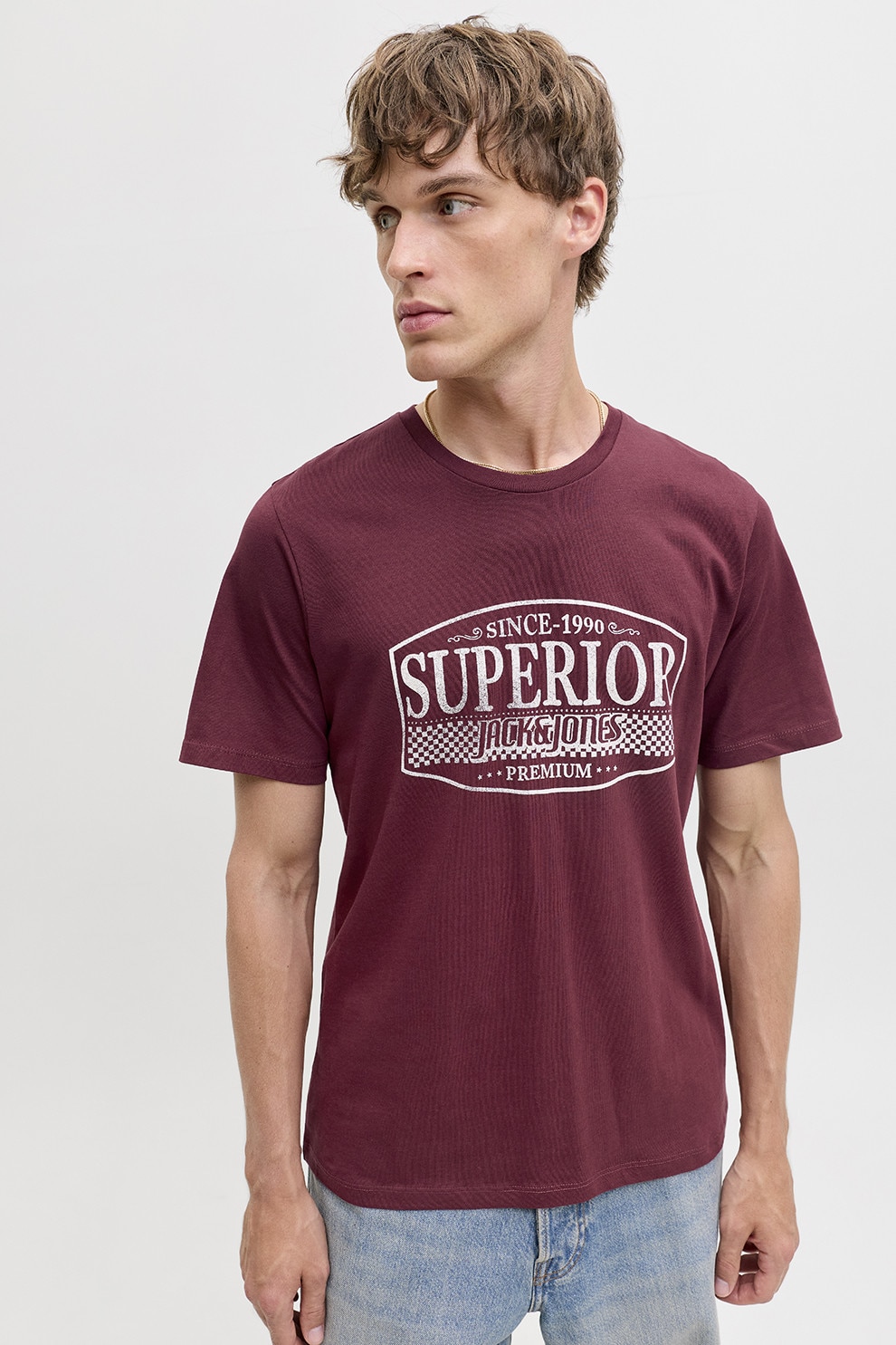 Jack & Jones, Tricou de bumbac cu imprimeu si decolteu la baza gatului, Visiniu, M