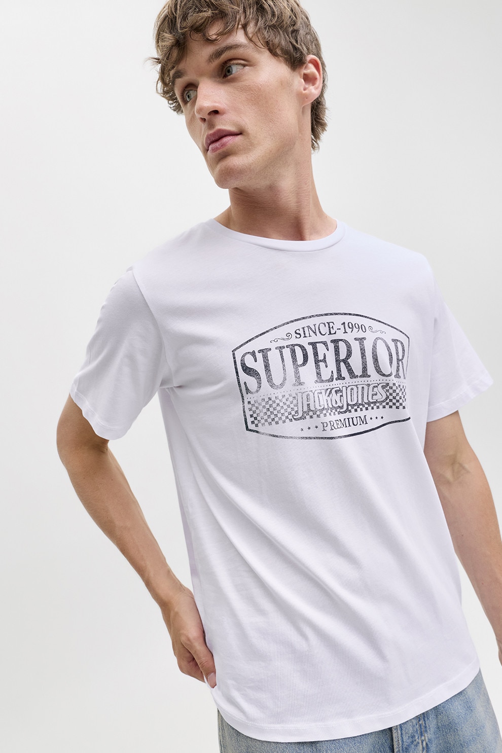 Jack & Jones, Tricou de bumbac cu imprimeu si decolteu la baza gatului, Alb, S