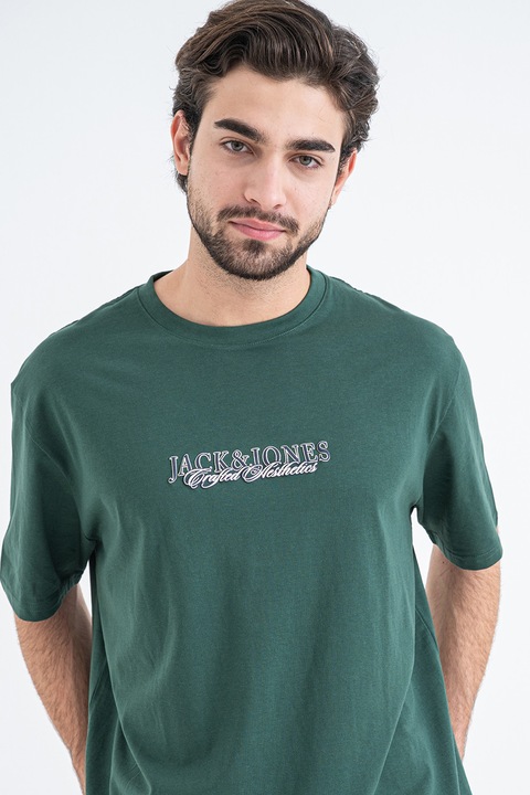 Jack & Jones, Organikuspamut póló logós részlettel a mellrészen, Sötétzöld/Antracitszürke