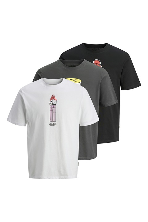 Jack & Jones, Set de tricouri cu imprimeu grafic - 3 piese, Alb/Negru