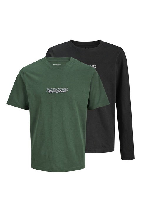 Jack & Jones, Set de bluza si tricou cu imprimeu logo -2 piese, Negru, Verde inchis, 164 CM