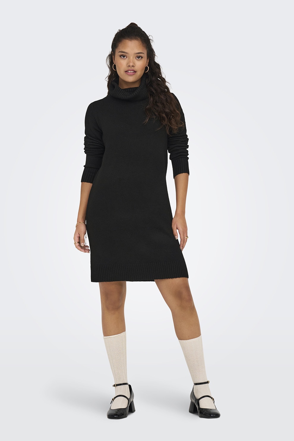 JdY, Rochie-pulover tricotata fin cu guler inalt, Negru, S