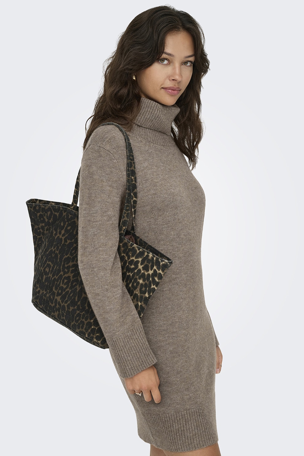 Only, Pulover-rochie cu guler inalt, Maro taupe, S