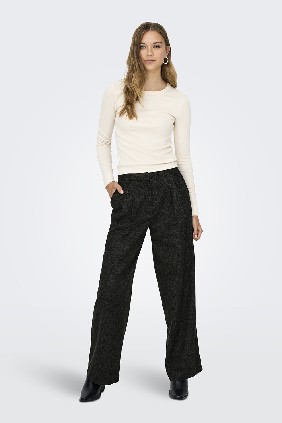 JdY, Pantaloni cu talie inalta si croiala ampla, Negru, S-L32