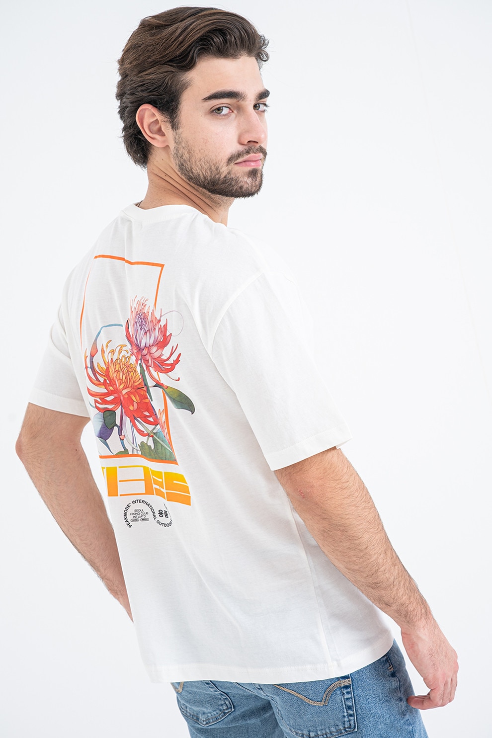 Only & Sons, Tricou din bumbac cu imprimeu grafic pe partea din spate, Alb fildes, Portocaliu, 2XL