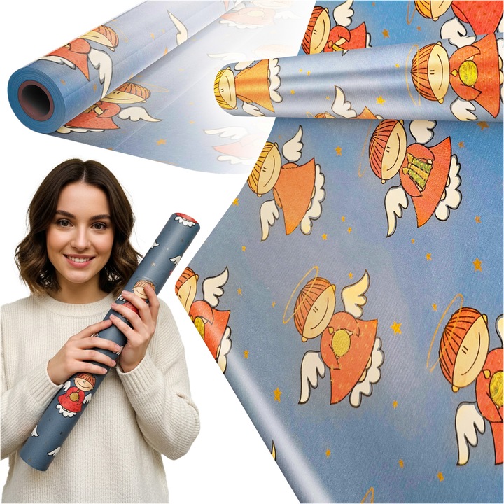 Hartie Pentru Ambalat De Craciun, Paperhit, Ingeri Albastri, Rola Mare, 20 M