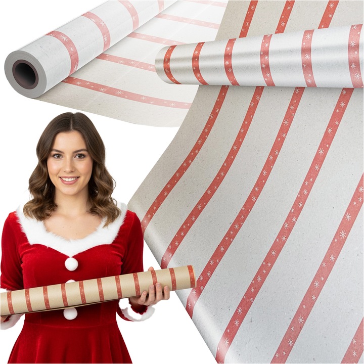 Hartie Ambalare Crăciun PaperHit, Dungi Roșii, 57cm x 25m, Grosime 75-95g/m²