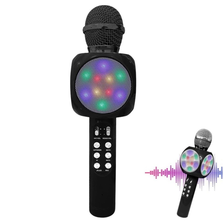 Microfon Karaoke Wireless, Impact Vision, cu lumini LED, Bluetooth, Boxa Integrata, Negru, 26.5x6.5cm