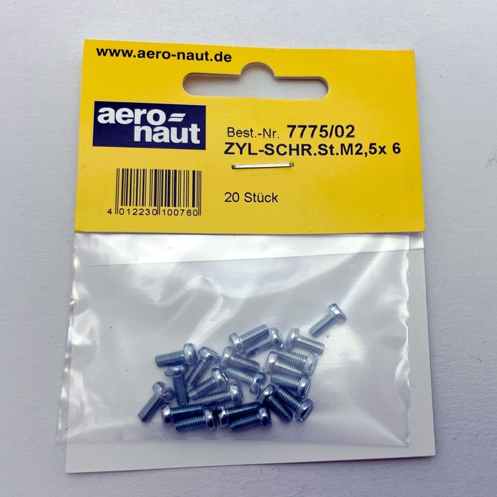 Set de șuruburi aeronaut M2.5x6mm, 20 buc, cap cilindric, cap în linie, oțel
