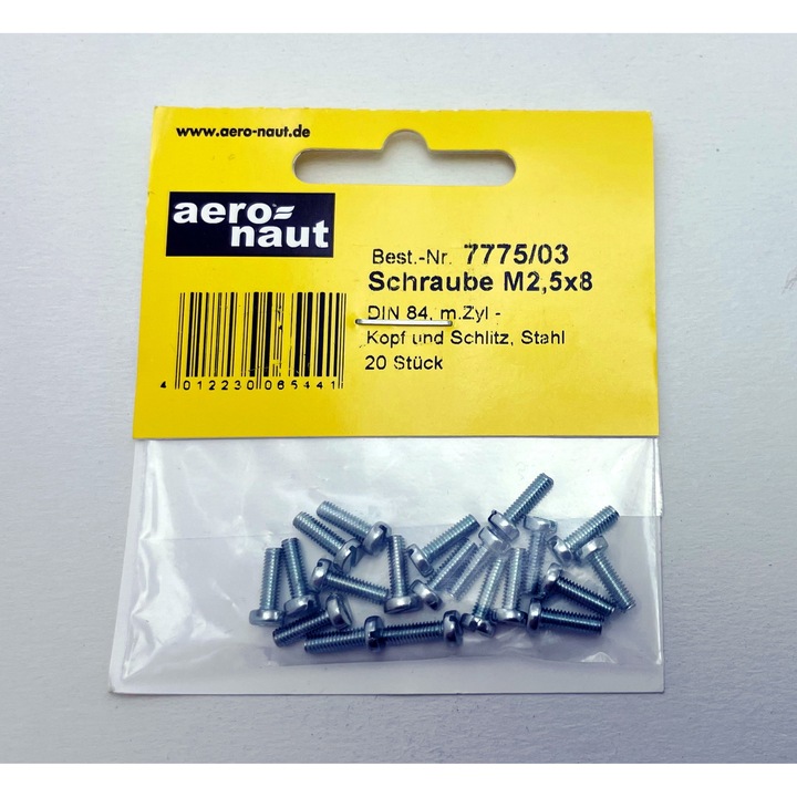 Set suruburi aeronaut M2.5x8mm, cap cilindric linie, otel, 20 buc