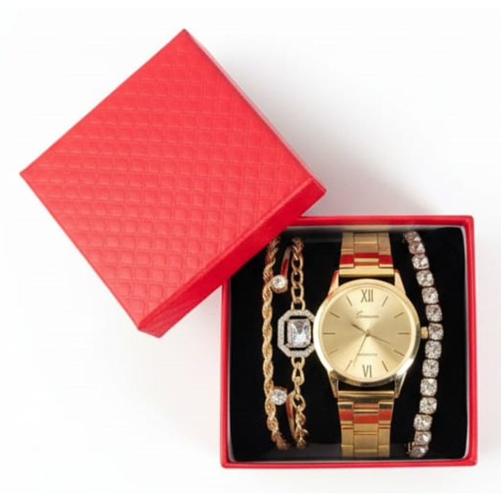Elegáns 5 az 1-ben Női Ajándékszett: Arany Színű Quartz Genfi Karóra Római Számokkal és 4 Csillogó Karkötővel, Prémium Piros Dobozban