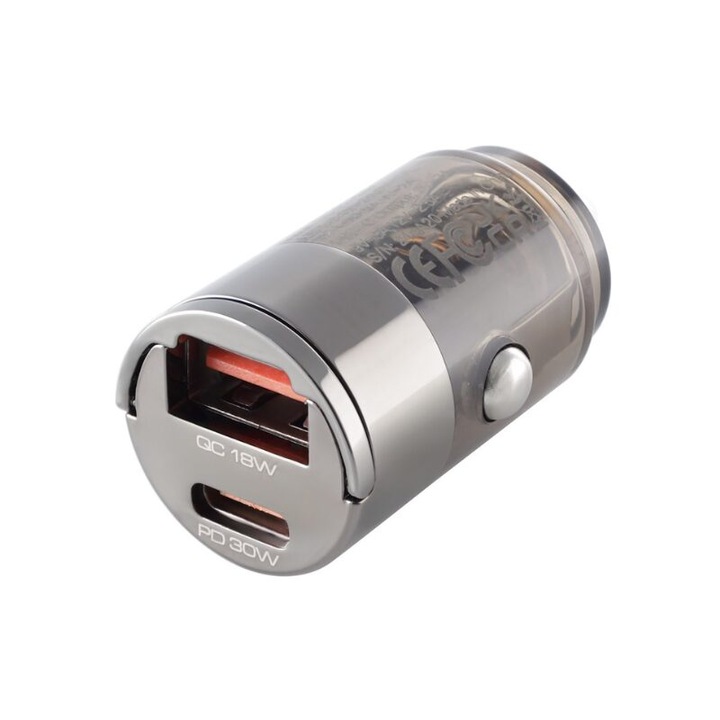 Incarcator auto cu 2 porturi USB, USB-A 18W + USB-C PD 30W, 12–24V, nano scurt cu inel, WAYME 63055