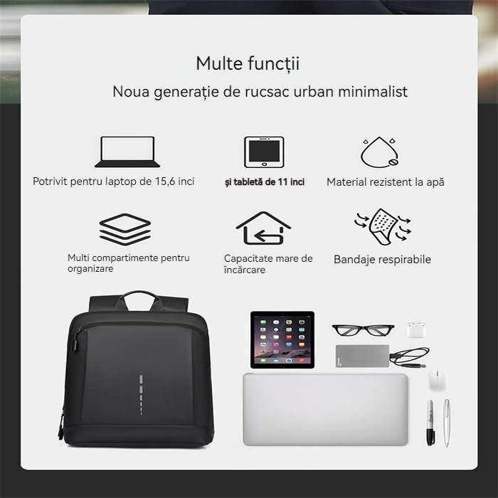 Rucsac laptop 15.6 inch, multiple compartimente, impermeabil, piele ecologică, negru