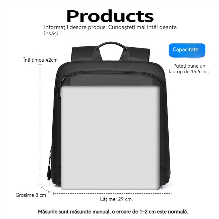 Rucsac laptop 15.6 inch, multiple compartimente, impermeabil, piele ecologică, negru