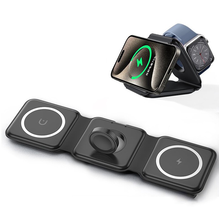 Incarcator Wireless Pliabil, DUAIU, Fast Charger 3 in 1 pentru Telefon, Casti, Smartwatch, Magsafe, USB-C, Compatibil iPhone, Samsung, Huawei, Xiaomi, Design Compact, Magnetic, Portabil, Negru