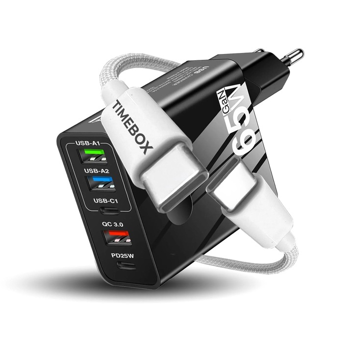 Incarcator Retea Timebox, 5 Porturi, 65W Fast Charge, 3 x USB, 2 x Type-C, QC 3.0, Cablu de date Inclus USB-C, Compatibil Universal, Multiport, Pentru telefon, smartwatch, iPhone, Huawei, Samsung, Xiaomi, Negru+Alb
