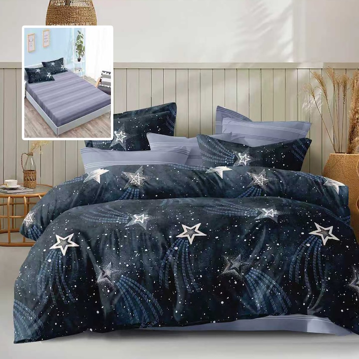 Lenjerie de pat dublu NufJoy, Policoton, 6 piese, Cearceaf elastic 180x200cm, Husa pilota 200x230cm, Ploaie de Stele