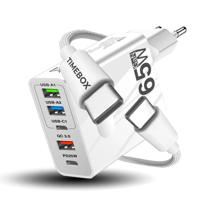 GS-814-ALB-SET -Incarcator Retea Timebox, 5 Porturi, 65W Fast Charge, 3 x USB, 2 x Type-C, QC 3.0, Cablu de date Inclus USB-C, Compatibil Universal, Multiport, Pentru telefon, smartwatch, iPhone, Huawei, Samsung, Xiaomi, Alb