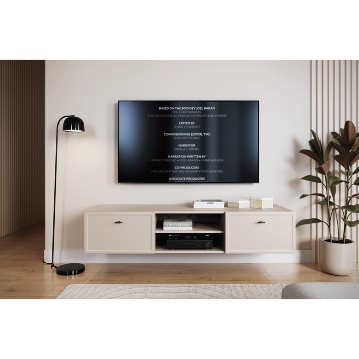 Comoda TV, Bogart, Lorini, 150 cm, montare pe perete, manere negre in forma de T, casmir