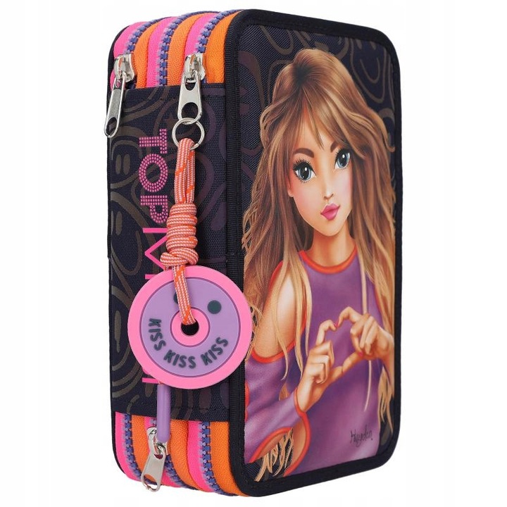 Etui Depesche Top Model Night Light cu 3 compartimente, echipat cu 18 markere, creioane colorate, riglă, foarfecă, lipici, multicolor