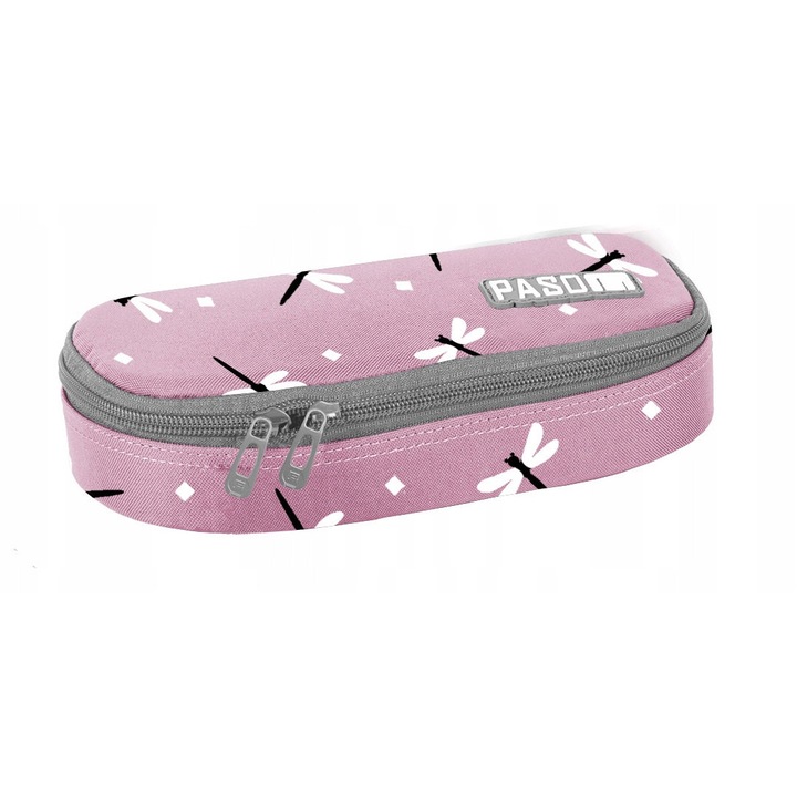 Etui PASO roz cu fluturi, 23x10x5cm, fermoar dublu, organizare eficientă